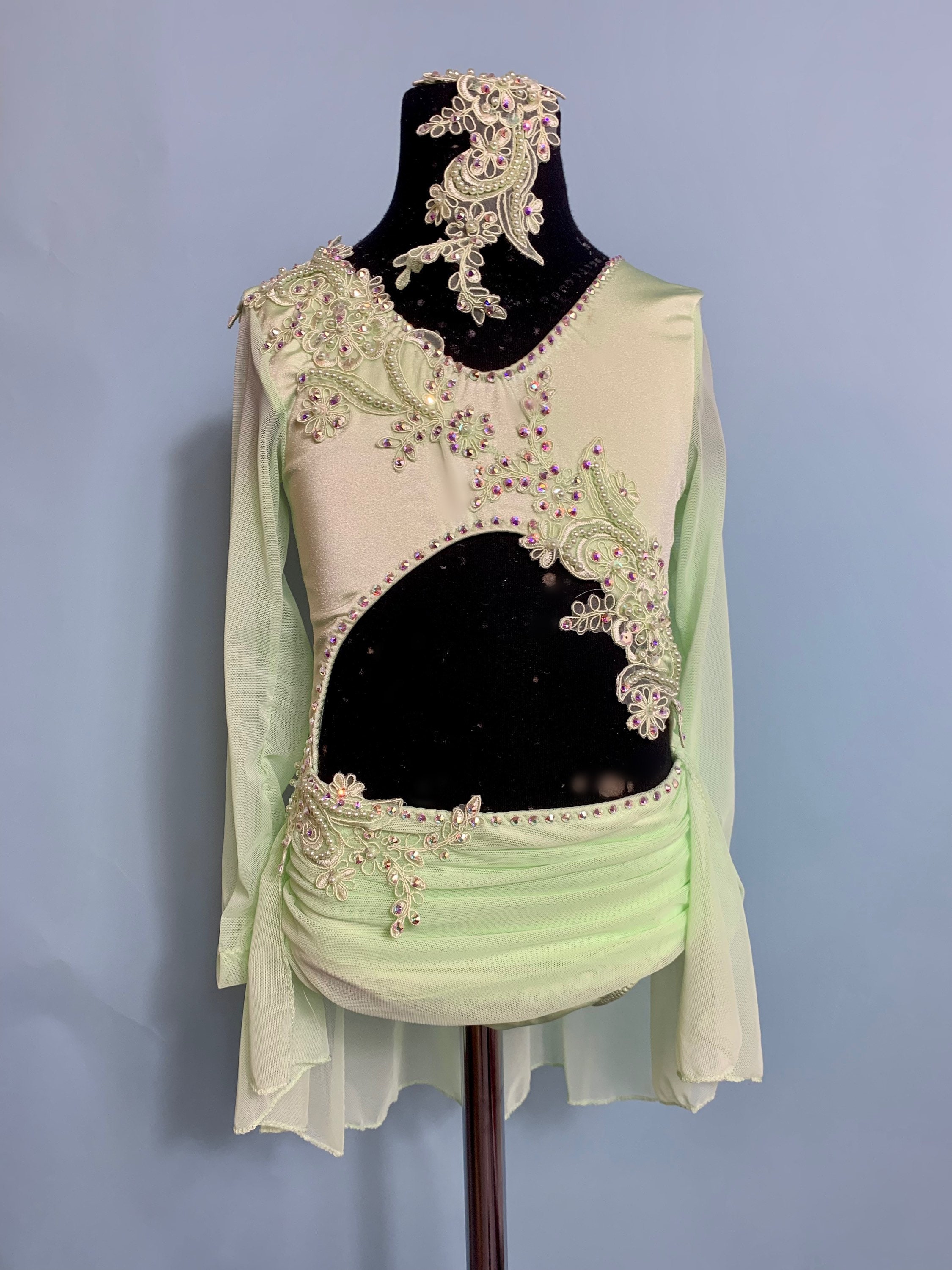 Light Green Lyrical Dance Costume Swarovski Rhinestones, Appliqués, Matching Hairpiece