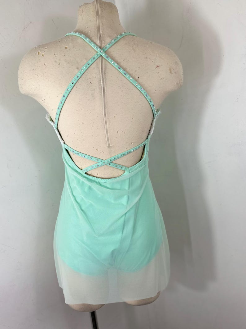 May include: A light green dance leotard with a criss-cross back strap and a sheer overlay skirt.