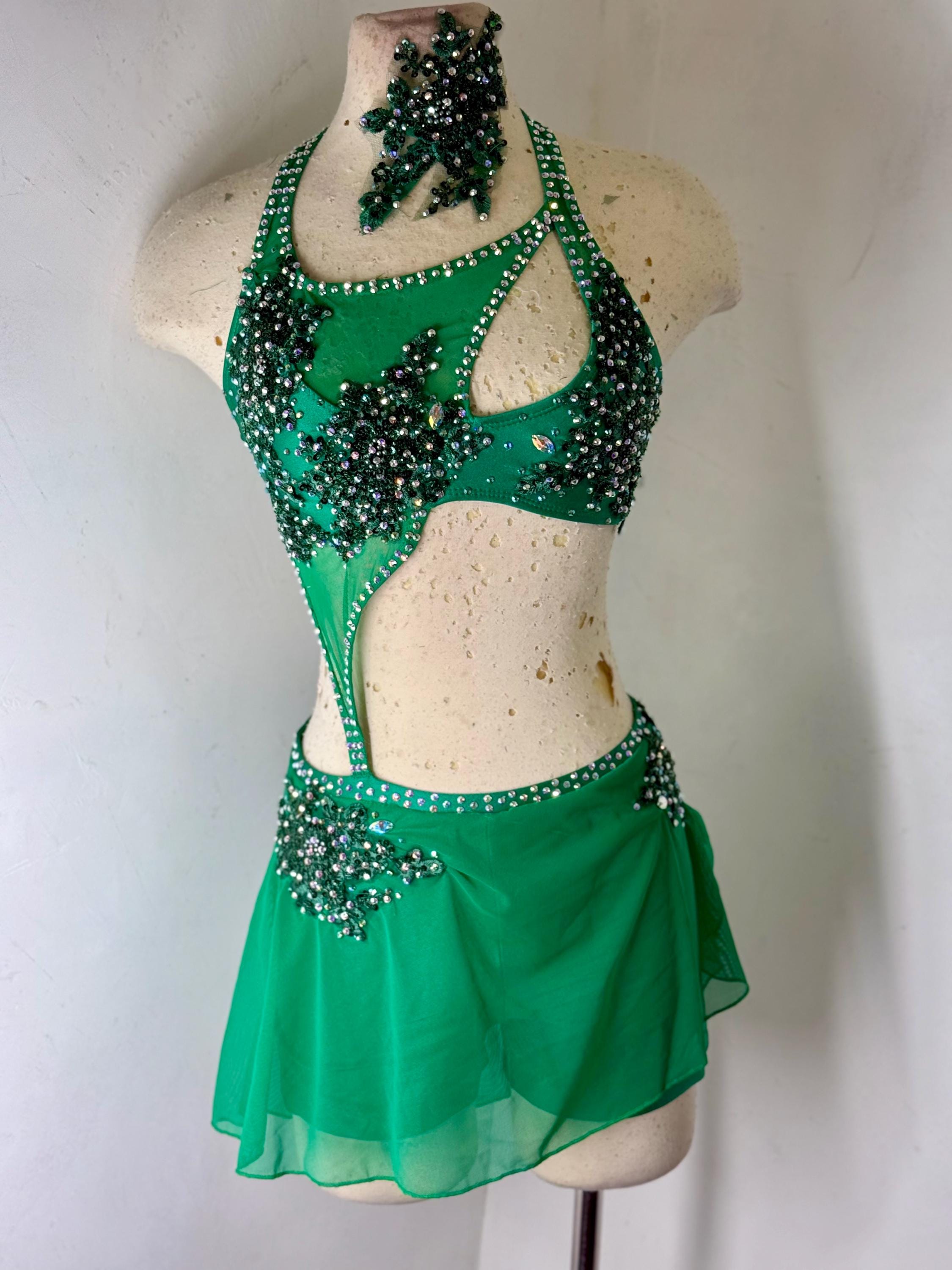 green emerald velvet dress Lyrical Dance Dress Green Two-piece Shiny Diamond Girl Competition  Performance at Amazon Women's Clothing store