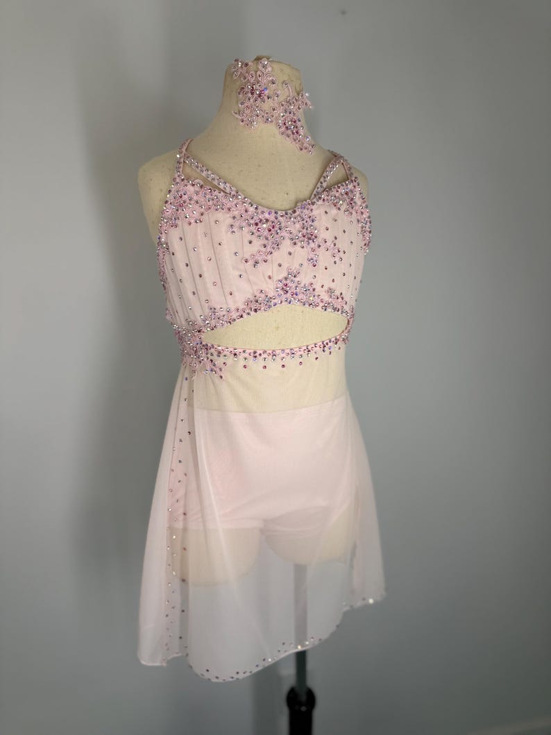 May include: A pale pink dance costume with a halter top and a skirt. The bodice is decorated with sparkling crystals and a cut-out design. The skirt is sheer and falls to the knees. A matching neck piece is also included.