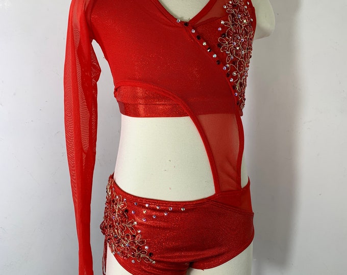 Jazz Dance Costume, Competition Dance Costume, Red Jazz Dance Costume, Red Fringe Jazz Costume