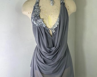 Custom Draped Dance Costume, Smoky Grey Competition Solo