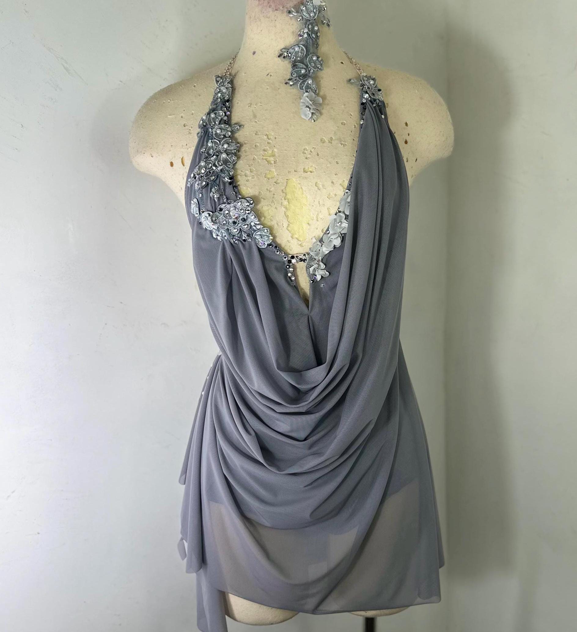 Custom Draped Dance Costume, Smoky Grey Competition Solo Custom Draped Dance Costume, Smoky Grey Competition Solo