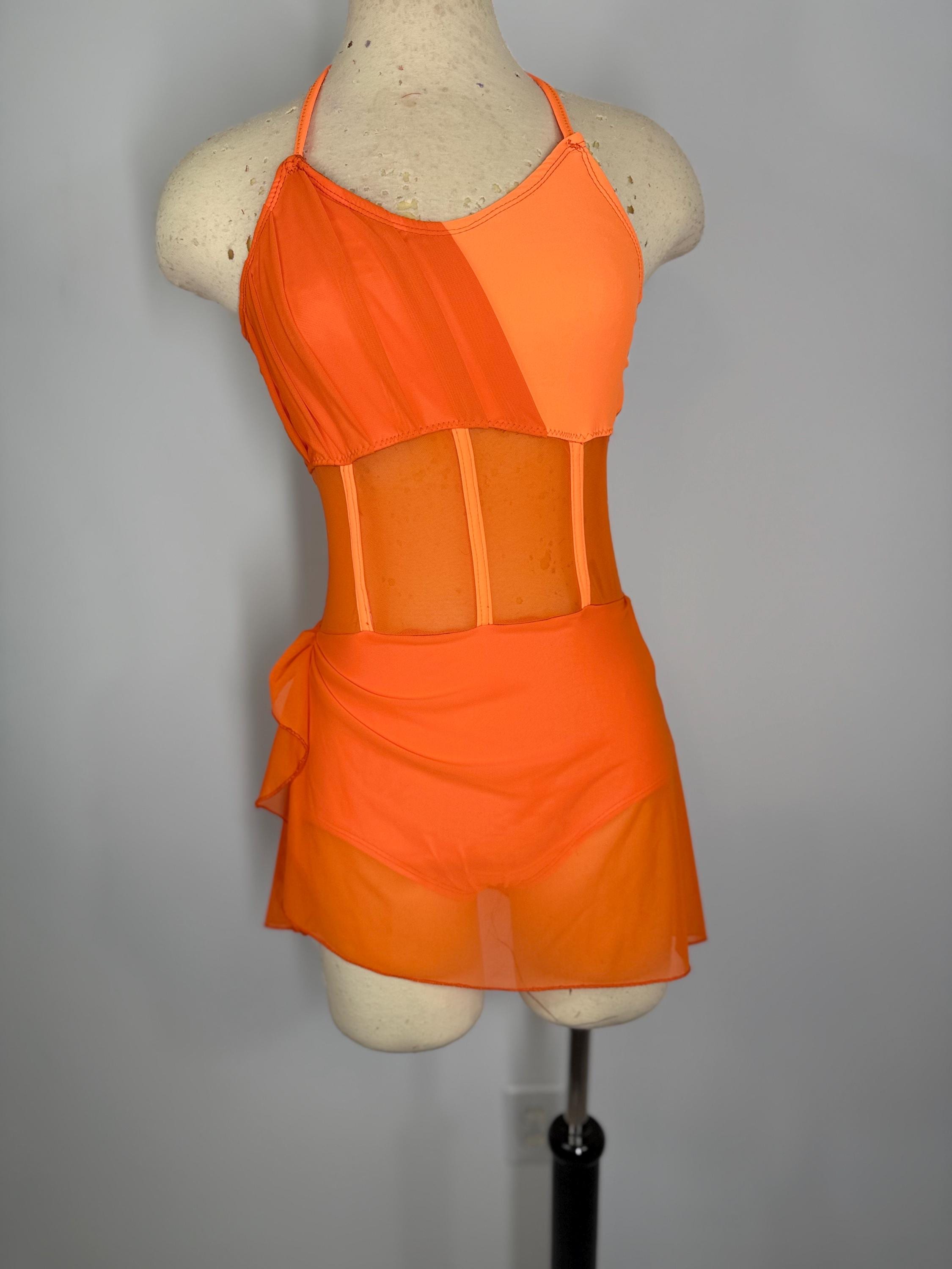 open lace back dress Womens Dark Orange Leotard with Mesh Sleeves main image 0