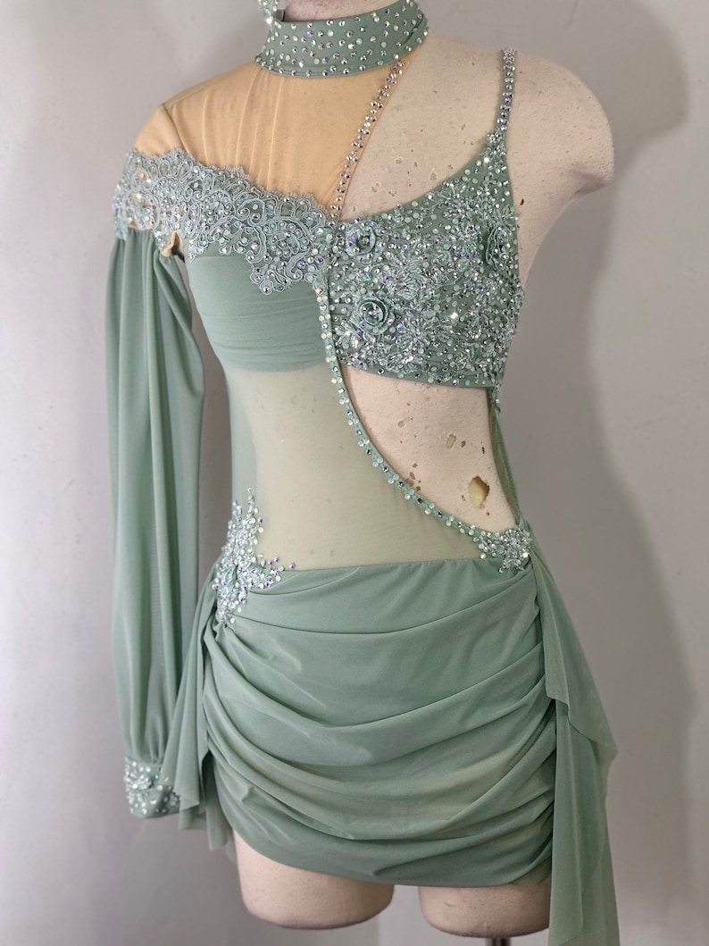 May include: A sage green dance costume with a sheer bodice and long sleeve. The bodice is embellished with silver sequins and beads, and the skirt is gathered and ruffled.