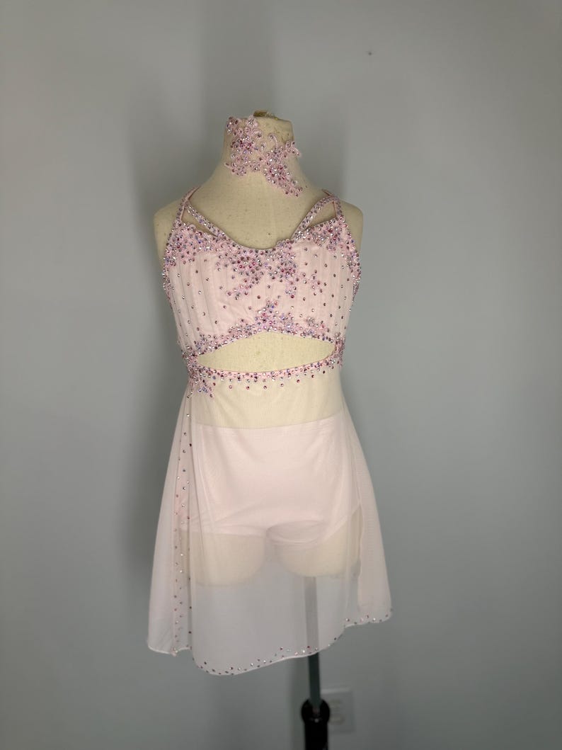 May include: A pale pink dance costume with a matching choker. The bodice is decorated with pink rhinestones and has a cut-out design. The skirt is a sheer, flowing fabric, also embellished with rhinestones.