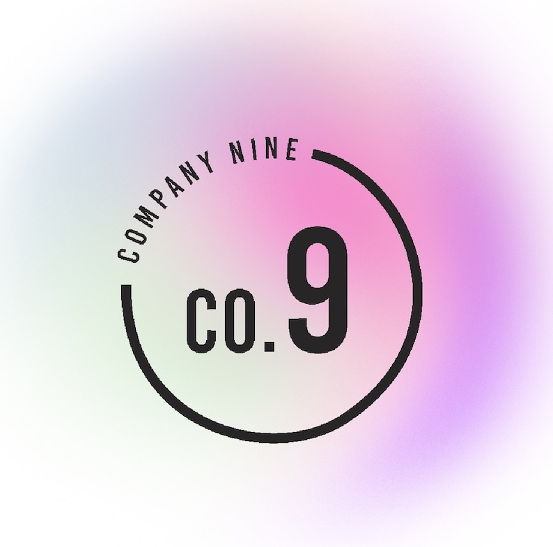 May include: A logo design with the words "COMPANY NINE" in a circular arc above "co.9". The text is black, set against a gradient background of pink, purple, and green hues. The design is simple and modern.