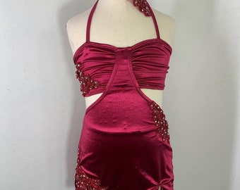 Contemporary Dance Costume in satin spandex with built in lined brief.   One ready to ship in LC/ teen in wine .  Can be ordered custom