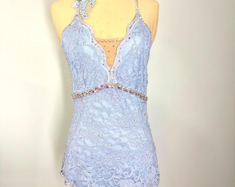Light Blue Lace Halter Dance Leotard, Embellished Gymnastics Costume