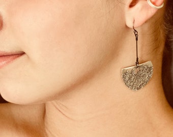 Sophisticated sterling CHI-LINE earring. Gorgeous sexy dangle. Handmade organic texture. Architectural minimal design. Modern elegance.