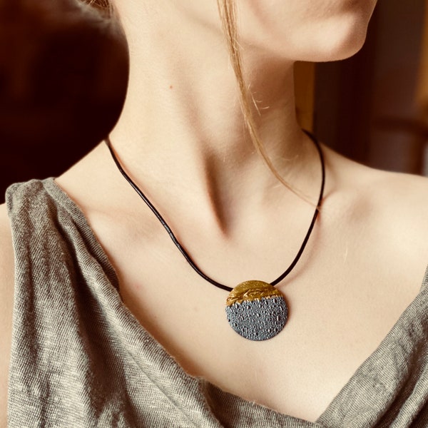 24K Smashing Necklace. GONG. Sterling. Unique handmade organic texture. Contemporary design. Keum Boo embellishment. Dark gray patina.