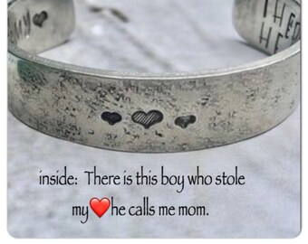 Mom of boys bracelet, There is this boy who stole my heart, Hand stamped cuff for mom, From son to mom, Love cuff for mom, New mom from dad