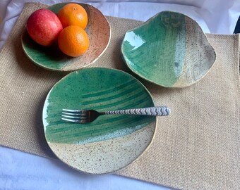 SET of 3 Green Decorative Plates, Ceramic Decor, Rustic Farmhouse, Charger, Side Plate, Pottery