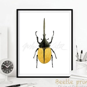 Beetle Art Print Yellow Stag Watercolour Bug Artwork Printable Wall Art Home Decor Vintage Wild Life Poster Illustration DIGITAL DOWNLOAD