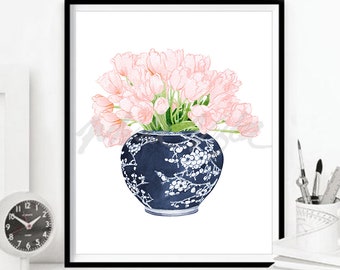 Chinoiserie Chinese Painting Zen Decor Oriental Art Floral Artwork Tulip Blue White Willow Style Palm Beach Chic Ginger Jar DIGITAL DOWNLOAD