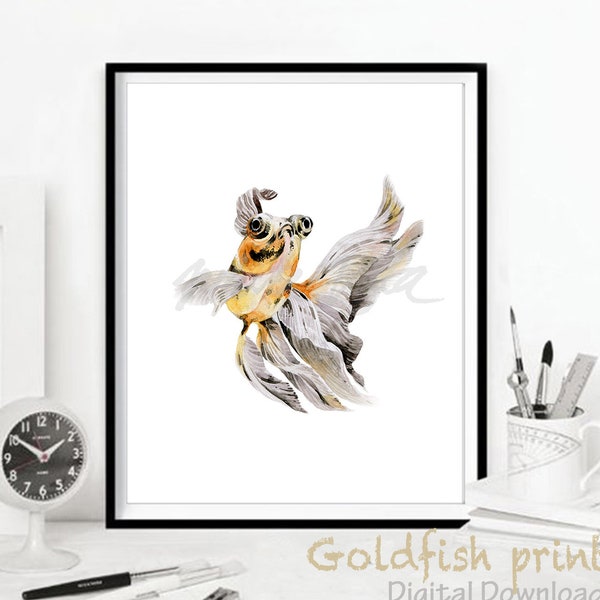 Goldfish Art Print Yellow Black Chinese Fish Watercolour Printable Home Decor Koi Fish Art Illustration Zen Poster Painting DIGITAL DOWNLOAD