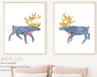 Elch Aquarellmalerei 2er-Set Weihnachten Herbst Winter Reindeer Blau Weiß Chinoiserie Festliche Wandkunst DIGITAL DOWNLOAD