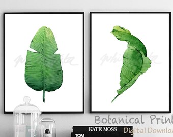 Tropical Wall Art Print Set of 2 Banana Leaves Poster Botanical Minimalist Green Leaf Plant Watercolour Artwork Home Decor DIGITAL DOWNLOAD