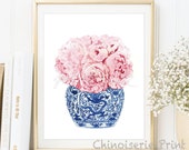 Blue and White Chinese Vase watercolor art prints willow style Chinese porcelain Chinoiseries bone china Asian vase poster DIGITAL DOWNLOAD