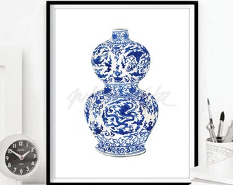 Blue and White Chinese Vase watercolor art prints willow style Chinese porcelain Chinoiserie bone china Asian vase poster DIGITAL DOWNLOAD
