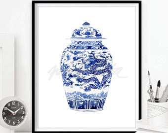 Blue And White Willow Art Prints Porcelain Chinoiserie Decor Asian Vase Painting Artwork Illustration China Ming Ginger Jar DIGITAL DOWNLOAD