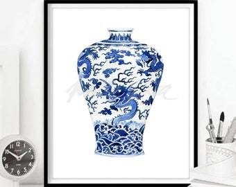 Blue White Chinese Vase Watercolor Art Prints Willow Style Chinoiseries Ming Asian Porcelain Wall Decor Painting Ginger Jar DIGITAL DOWNLOAD
