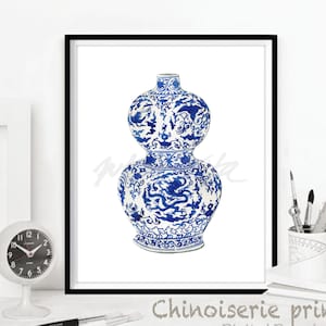 Impresiones artísticas de acuarela de jarrón chino azul y blanco estilo sauce Porcelana china Chinaiserie Póster de jarrón asiático DESCARGA DIGITAL
