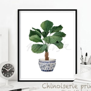Blaue Weide, Chinoiserie Kunst, Fächerpalme Pflanze, Chinesische Malerei Kolonialkunst, Oriental Vase Island Style Decor Plant Poster DIGITAL DOWNLOAD