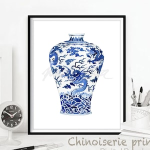 Impresiones artísticas de acuarela de jarrón chino azul y blanco, estilo sauce, chinoiseries, porcelana asiática Ming, decoración de pared, pintura, tarro de jengibre, DESCARGA DIGITAL