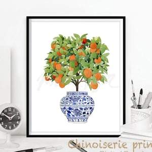 Topiaries Orange Print Chinoiserie Bonsai Chinese Painting Zen Decor Oriental Art Blue White Willow Style Kitchen Poster DIGITAL DOWNLOAD