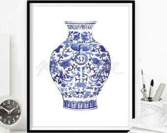Blue Willow Art Prints Chinoiseries Decor Asian Vase Painting Artwork Porcelain Illustration China Ming White Ginger Jar DIGITAL DOWNLOAD