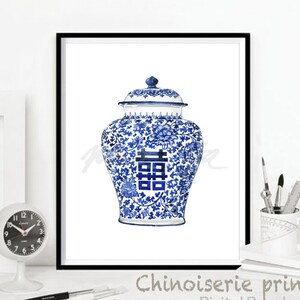 Jarrón chino de arte chinoiserie, impresiones de Double Happiness, póster de estilo sauce, porcelana azul y blanca, porcelana china azul y blanca, DESCARGA DIGITAL