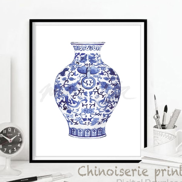 Blue Willow Art Prints Chinoiseries Decor Asian Vase Painting Artwork Porcelain Illustration China Ming White Ginger Jar DIGITAL DOWNLOAD