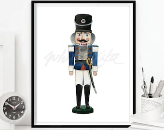 Nussknacker Print, Weihnachtsdekoration Nordische Kunst Aquarell Malerei Herbst Winter Urlaub Kunstwerk Blauer Nussknacker DIGITAL DOWNLOAD