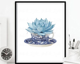 Aqua Blue Succulent Chinese Tea cup Aquarelle Chinoiserie Decor Botanical Oriental White Willow Style Porcelain Ginger DIGITAL DOWNLOAD