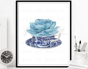 Pastel Blue Succulent Chinese Tea cup Aquarelle Chinoiserie Decor Botanical Oriental White Willow Style Porcelain Ginger DIGITAL DOWNLOAD