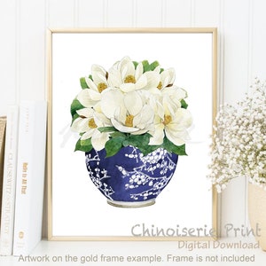 Magnolie Aquarell Chinoiserie Dekor Oriental Vase Blau Weiß Willow Stil Porzellan Blume Ginger Jar Poster Wand Kunst DIGITAL DOWNLOAD