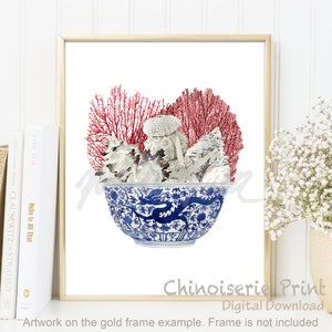 Chinoiserie Wandkunst, Muschel Aquarell Orientalische Vase Blau Weiß Willow Hampton Style Porzellan Blume Ginger Jar Poster DIGITAL DOWNLOAD