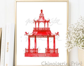 Impression d'art pagode chinoiseies ROUGE affiche de Style saule peinture pagode chinoise belvédère jardin architectural chine décoration d'intérieur TÉLÉCHARGEMENT NUMÉRIQUE