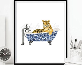 Tigre majestueux dans la baignoire Impression Salle de bains Décor nordique Mignon France vintage Chinoiserie Excentrique Animal Aquarelle Saule Cadeau TÉLÉCHARGEMENT NUMÉRIQUE