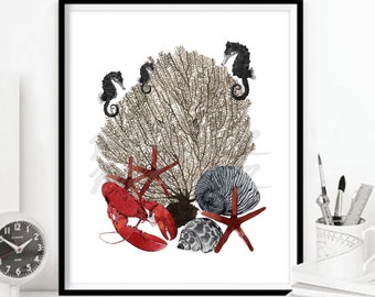 Impression côtière Decor nautique Beach House Wall Art Ocean Sea Fan Corals Aquarelle Boho Tropical Home Homard Hippocampe TÉLÉCHARGEMENT NUMÉRIQUE