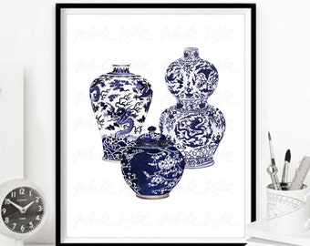 Cuisine murale Art chinois Vase Chinoiserie Oriental bleu blanc saule Style gingembre pot affiche Zen Decor numérique eau couleur téléchargement numérique