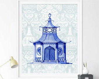 Aquarelle style saule pagode chinoiseries affiche bleu et blanc pagode chinoise belvédère jardin architectural vintage Chine TÉLÉCHARGEMENT NUMÉRIQUE