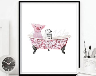 Mignon cochon baignoire enfant salle de bain décor nordique cadeau amoureux des animaux France vintage Chinoiserie excentrique rose aquarelle saule Art TÉLÉCHARGEMENT NUMÉRIQUE