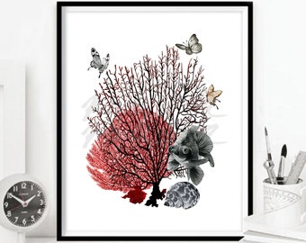 Éventail de mer imprimé côtier Decor nautique Beach House Wall Art Ocean Corals Aquarelle Boho Tropical Home Homard Hippocampe TÉLÉCHARGEMENT NUMÉRIQUE