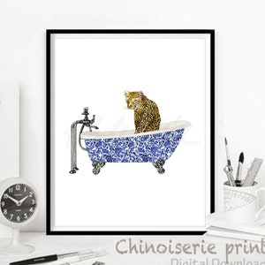 Leopard in Blue Bathtub Print: Chinoiserie Bathroom Art (Digital Download)