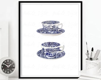 Tasse de thé Wall Art Vase chinois Chinoiserie Oriental Bleu Blanc Saule Style Cuisine Affiche Zen Décor DIGITAL Aquarelle TÉLÉCHARGEMENT numérique