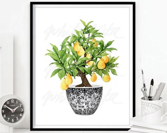 PEAR Wall Art Print Chinoiserie Planter Bonsai Peinture chinoise Zen Décor Oriental Noir Blanc Saule Style Cuisine Affiche TÉLÉCHARGEMENT NUMÉRIQUE