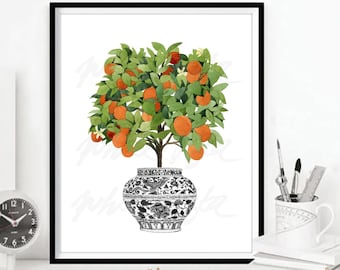 Orange Art Print Chinoiserie Planter Bonsai Chinese Painting Zen Decor Oriental Black White Willow Style Kitchen Poster DIGITAL DOWNLOAD