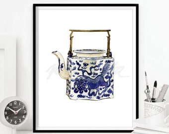 Théière murale Art Chinois Chinoiserie Oriental Bleu Blanc Saule Style Cuisine Affiche Zen Décor DIGITAL Aquarelle Numérique TÉLÉCHARGEMENT NUMÉRIQUE